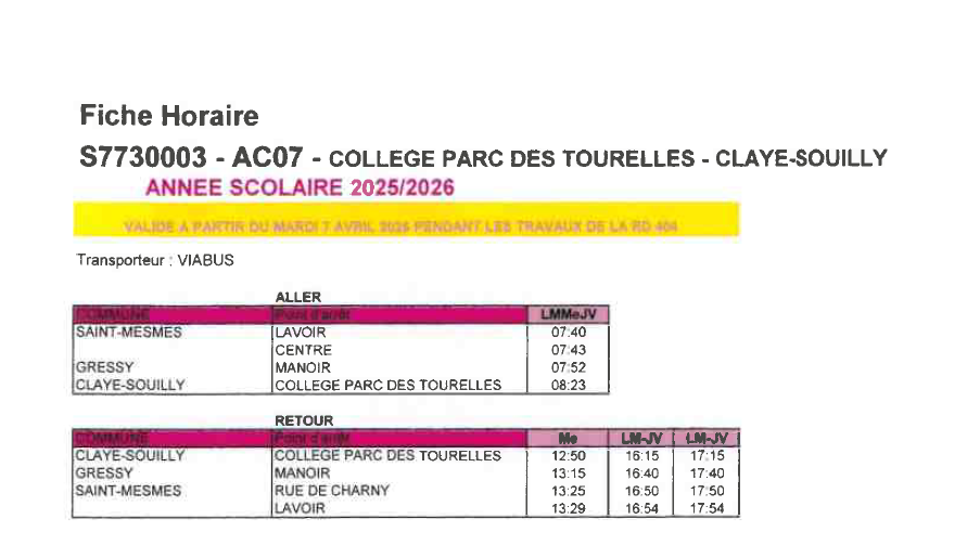Nouveaux horaires du bus pour le Collège pendant les travaux de la RD404