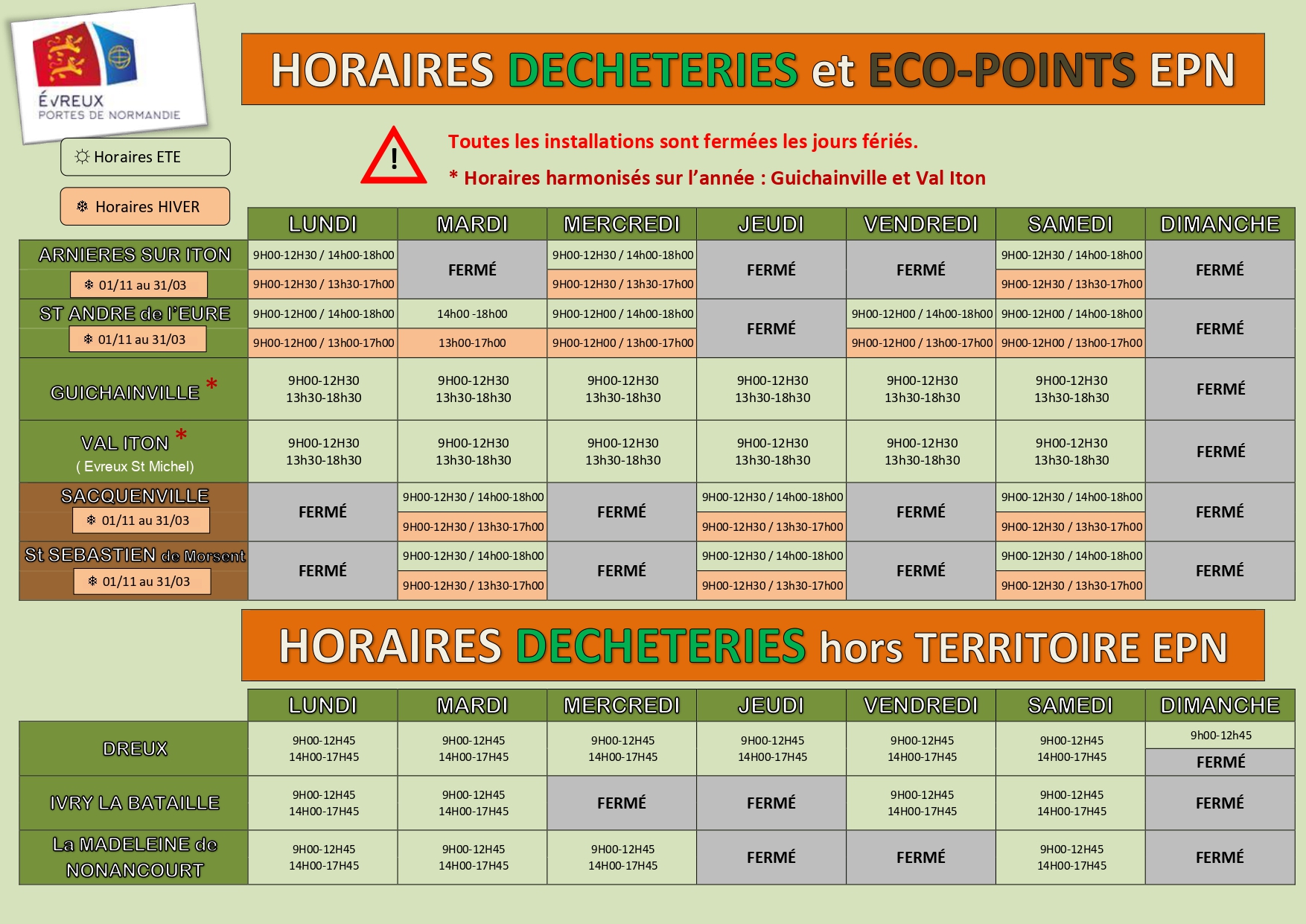 Horaires déchèteries et éco points