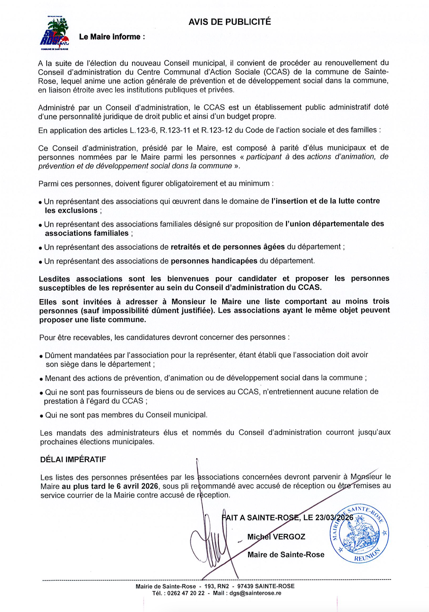 Avis de publicité – Renouvellement du Conseil d’Administration du CCAS