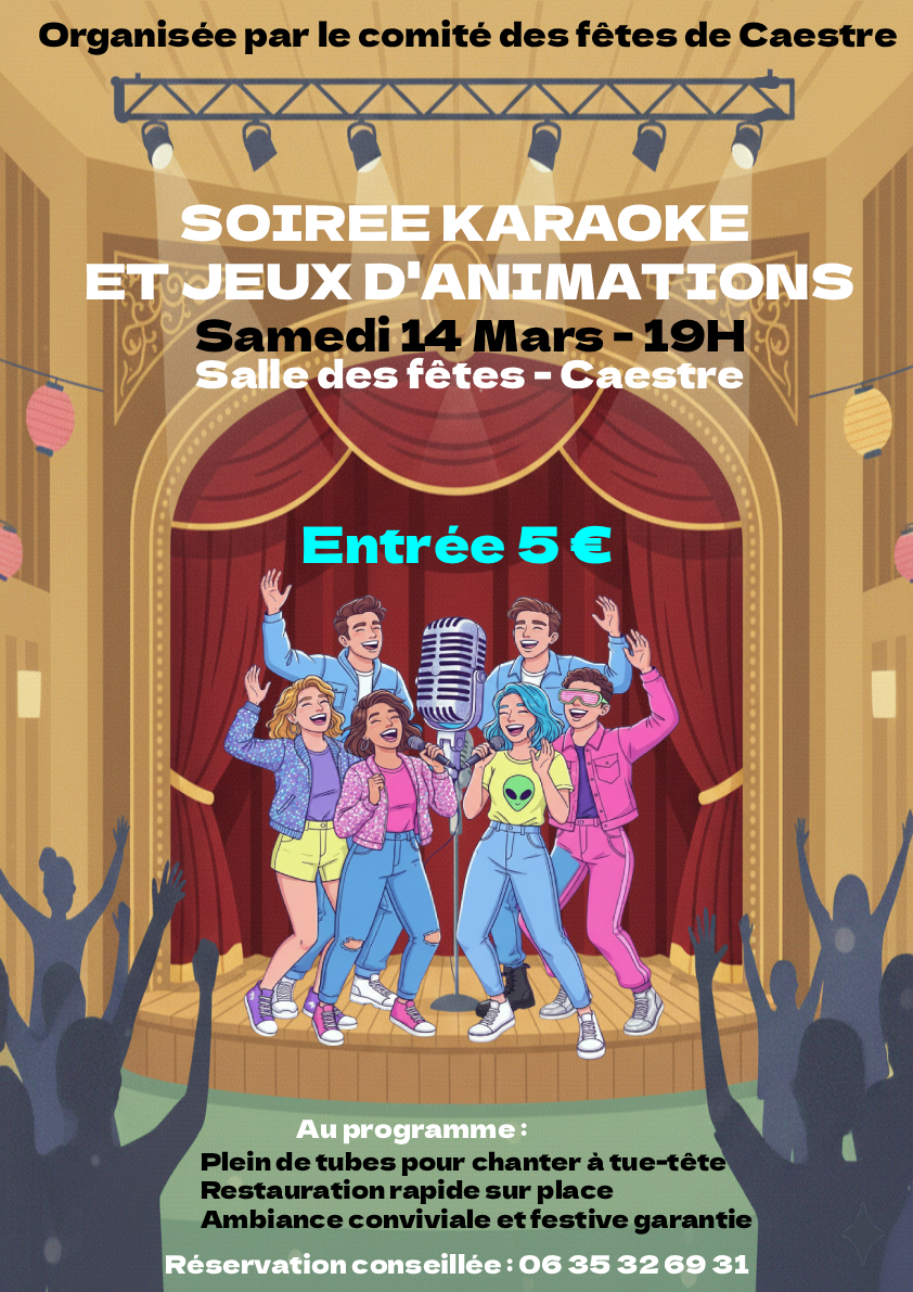 Affiche de la soirée karaoké et jeux d'animations du comité des fêtes - samedi 14 mars 19h à la salle des fêtes. Réservations au 0635326931