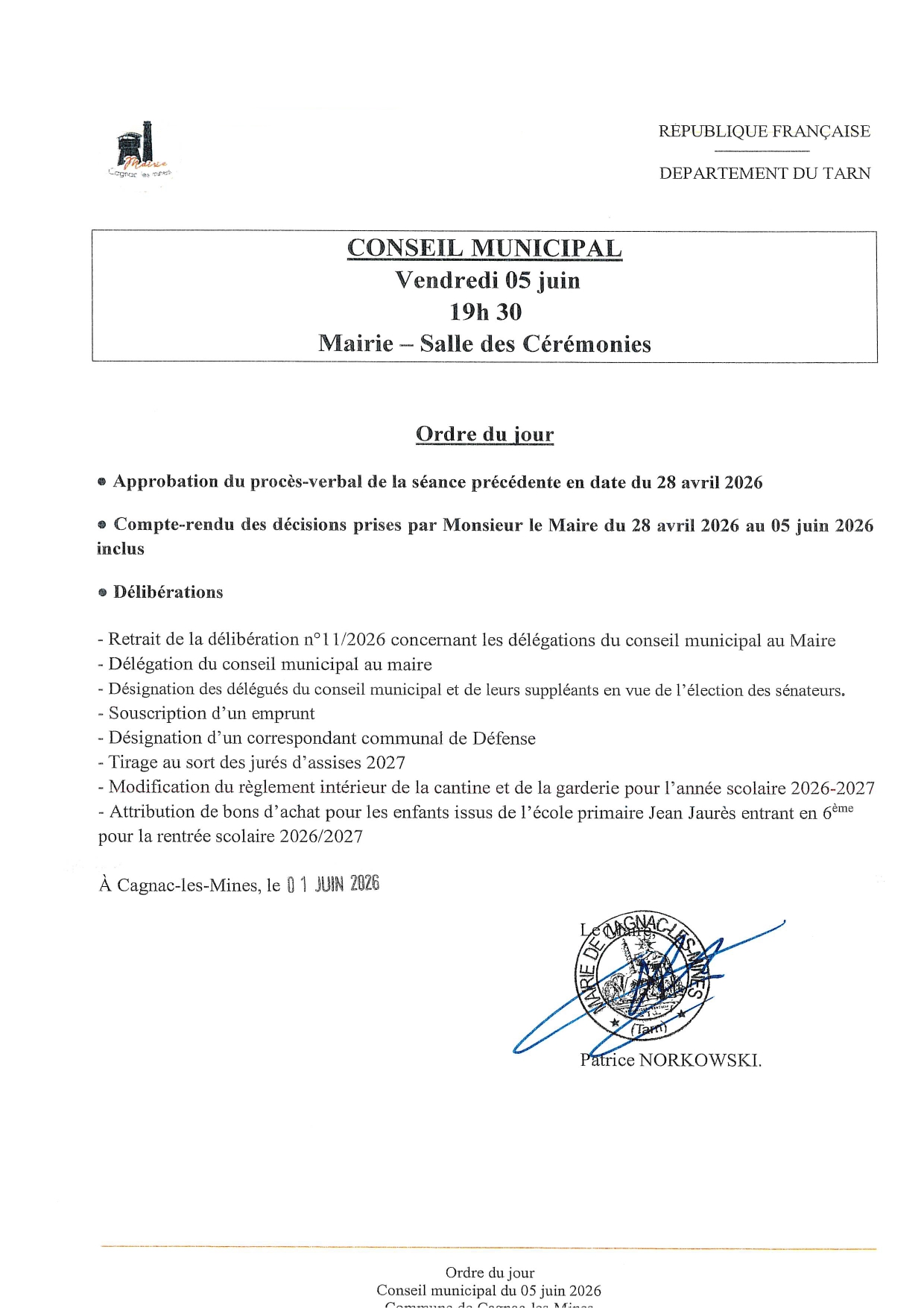 Conseil Municipal - Vendredi 5 juin 2026