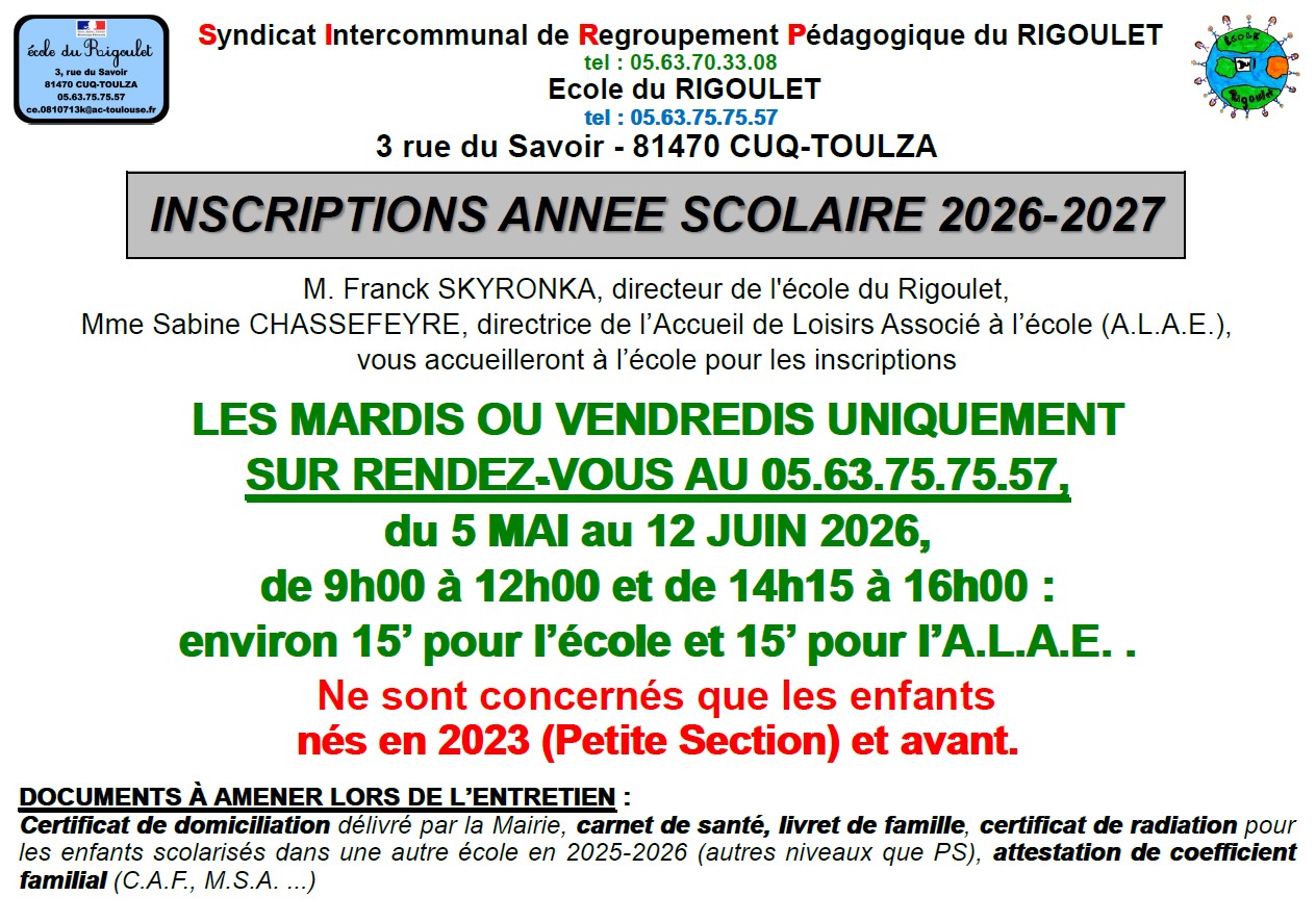 Inscriptions année scolaire 2026-2027