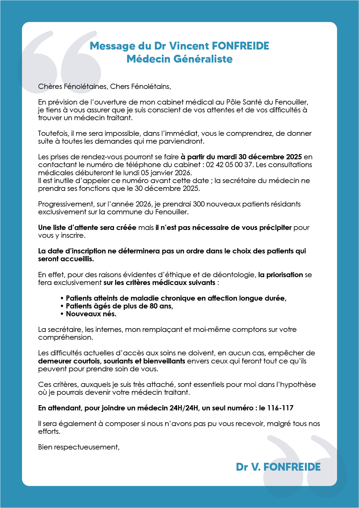 Message du Dr Vincent Fonfreide