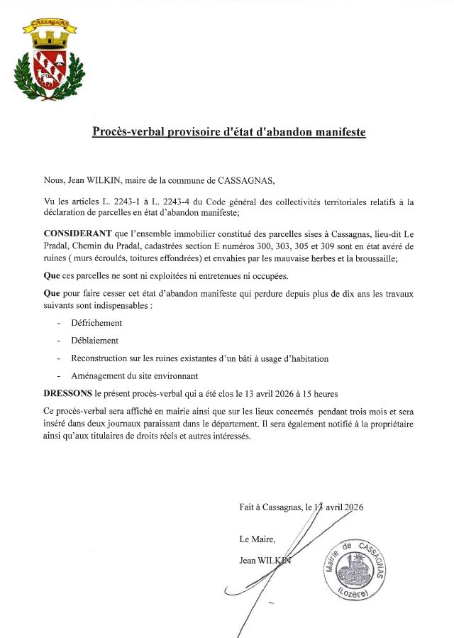 Procès Verbal provisoire d'état d'abandon manifeste