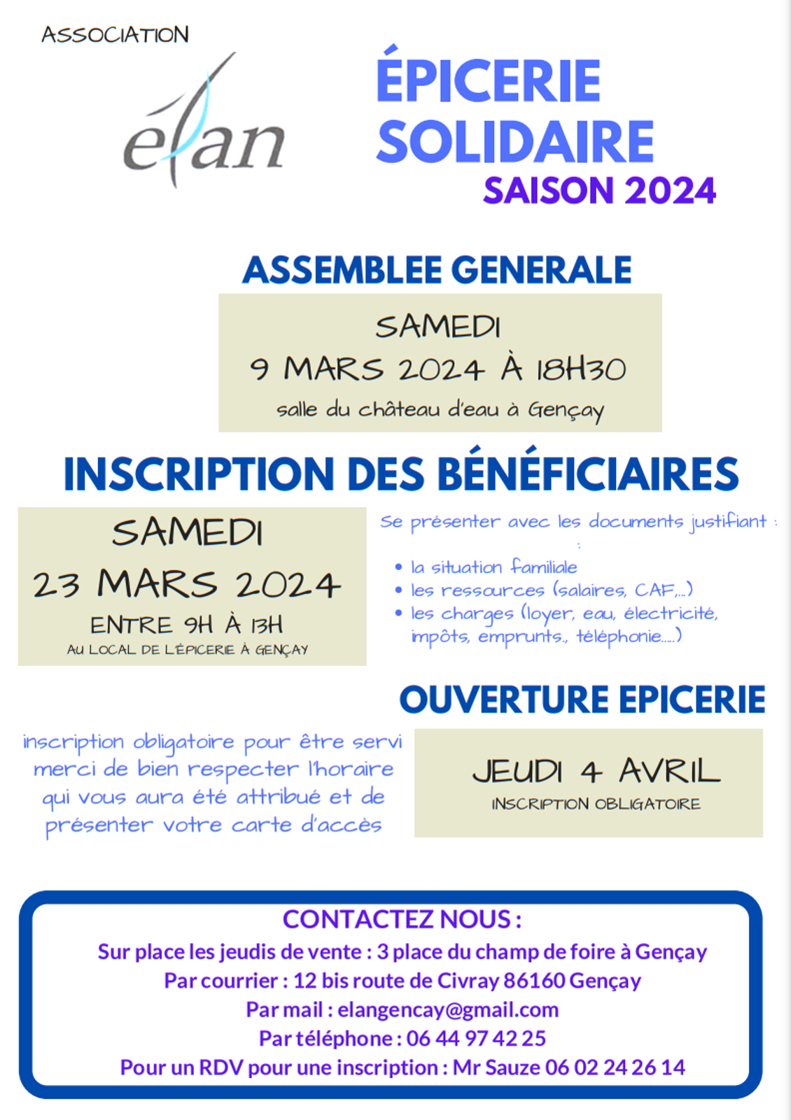 ELAN, épicerie solidaire - Inscription - calendrier des ouvertures