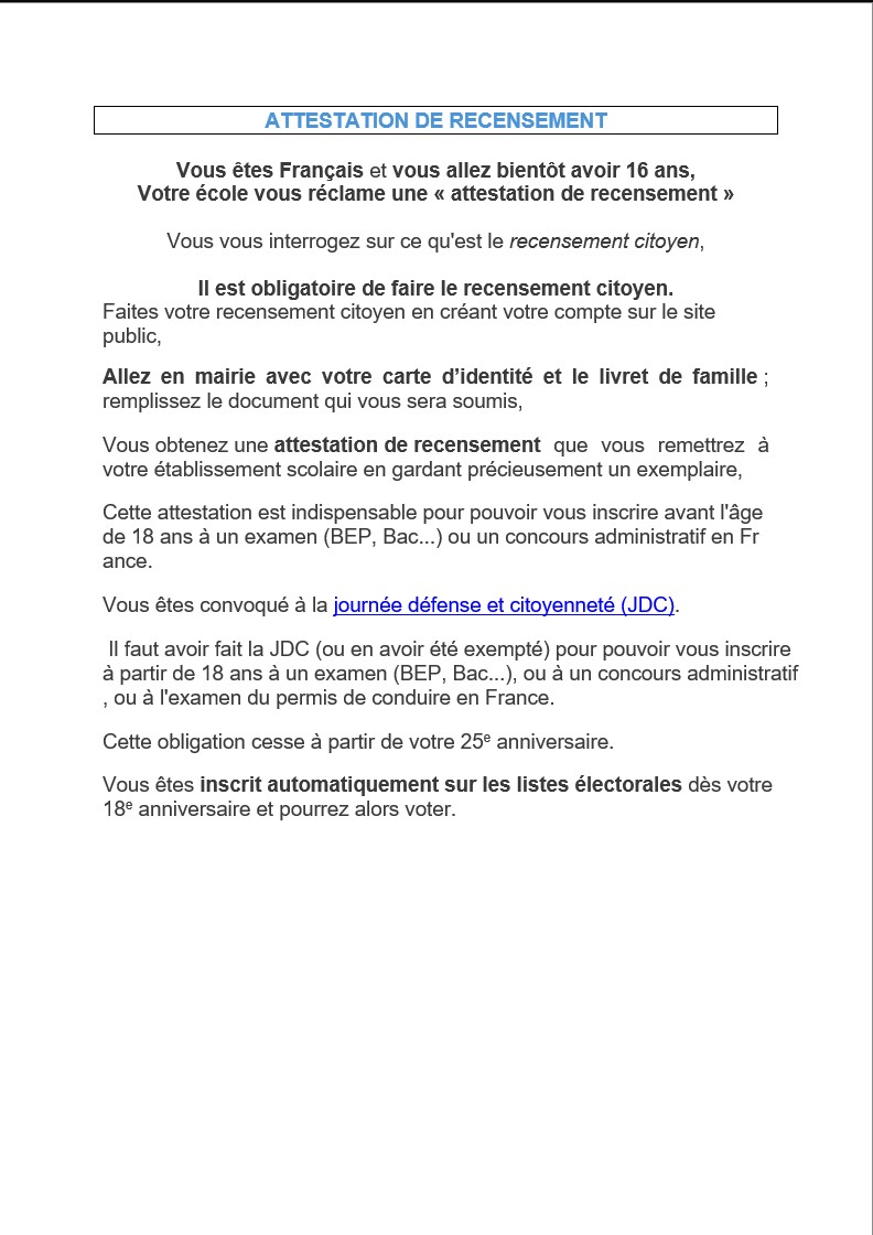 ATTESTATION DE RECENSEMENT
