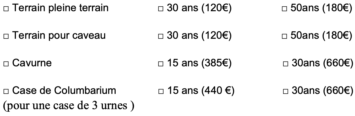 tarifs concessions cimetières