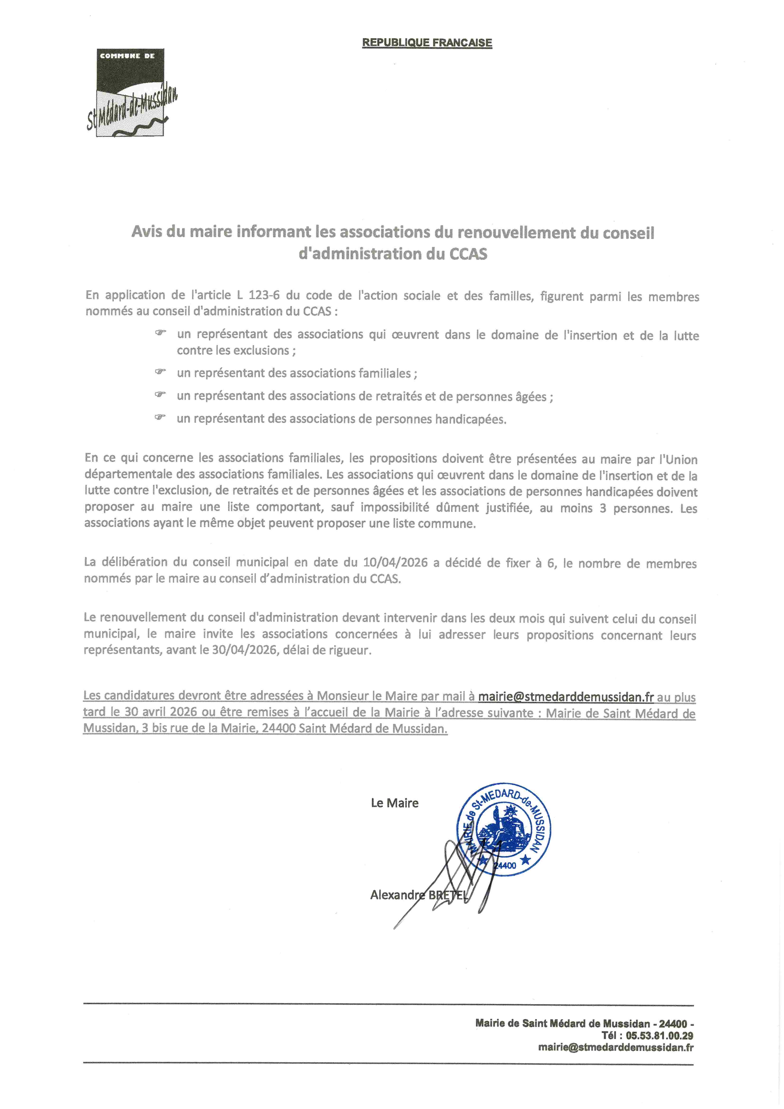 Avis du maire - renouvellement du conseil d'administration du CCAS