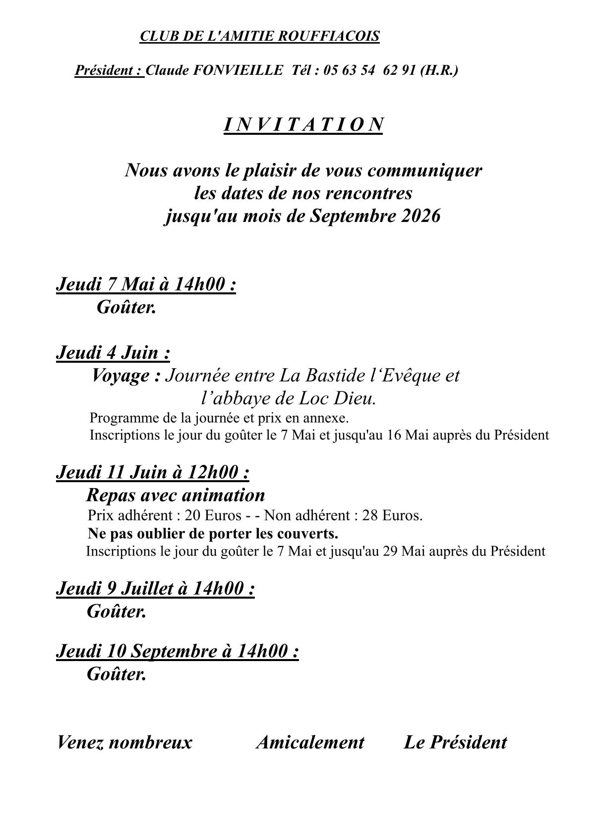 11/04/2026 : Club Amitié : Planning Mai-Septembre et Voyage Juin