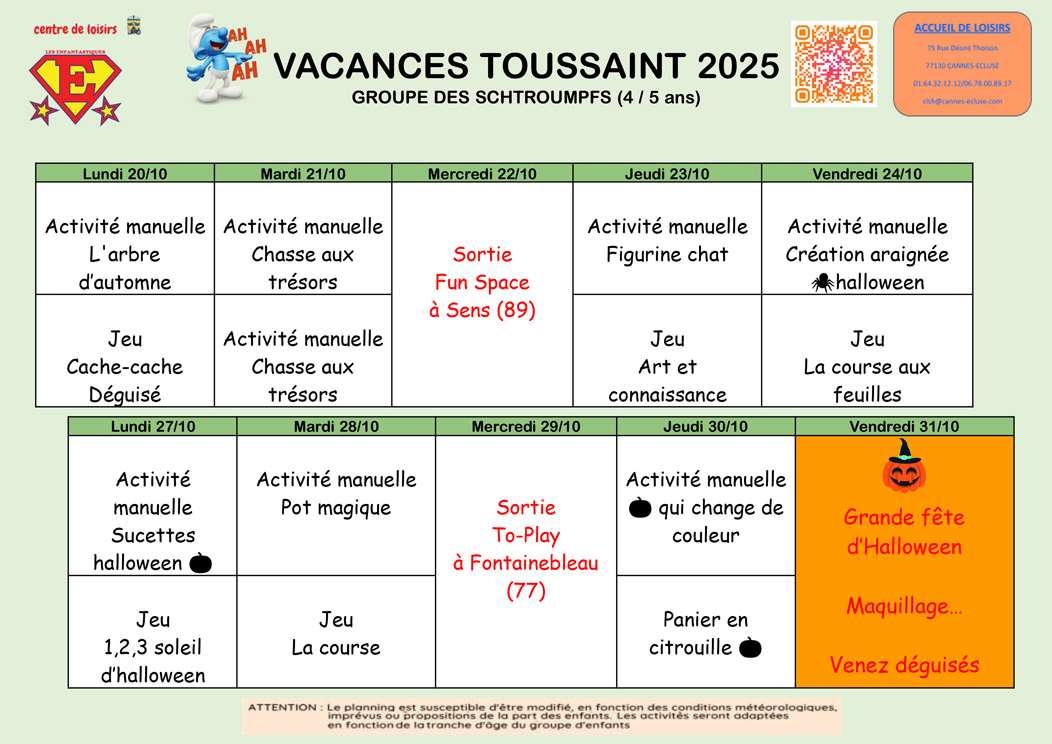 Calendrier vacances toussaint 2025 groupe Schtroumpfs 4 et 5 ans