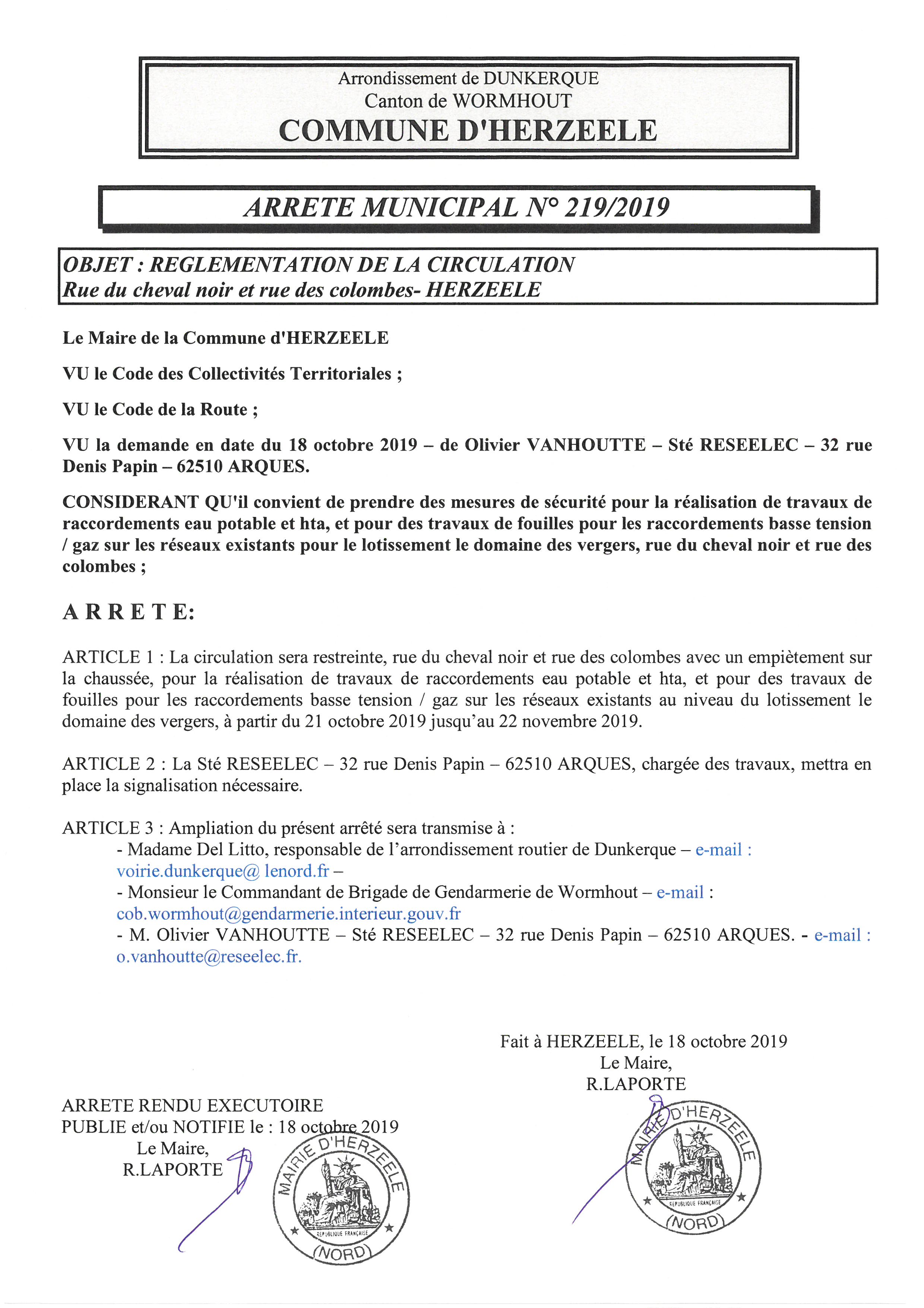 Arrêté Réglementation de la Circulation Commune d'Herzeele