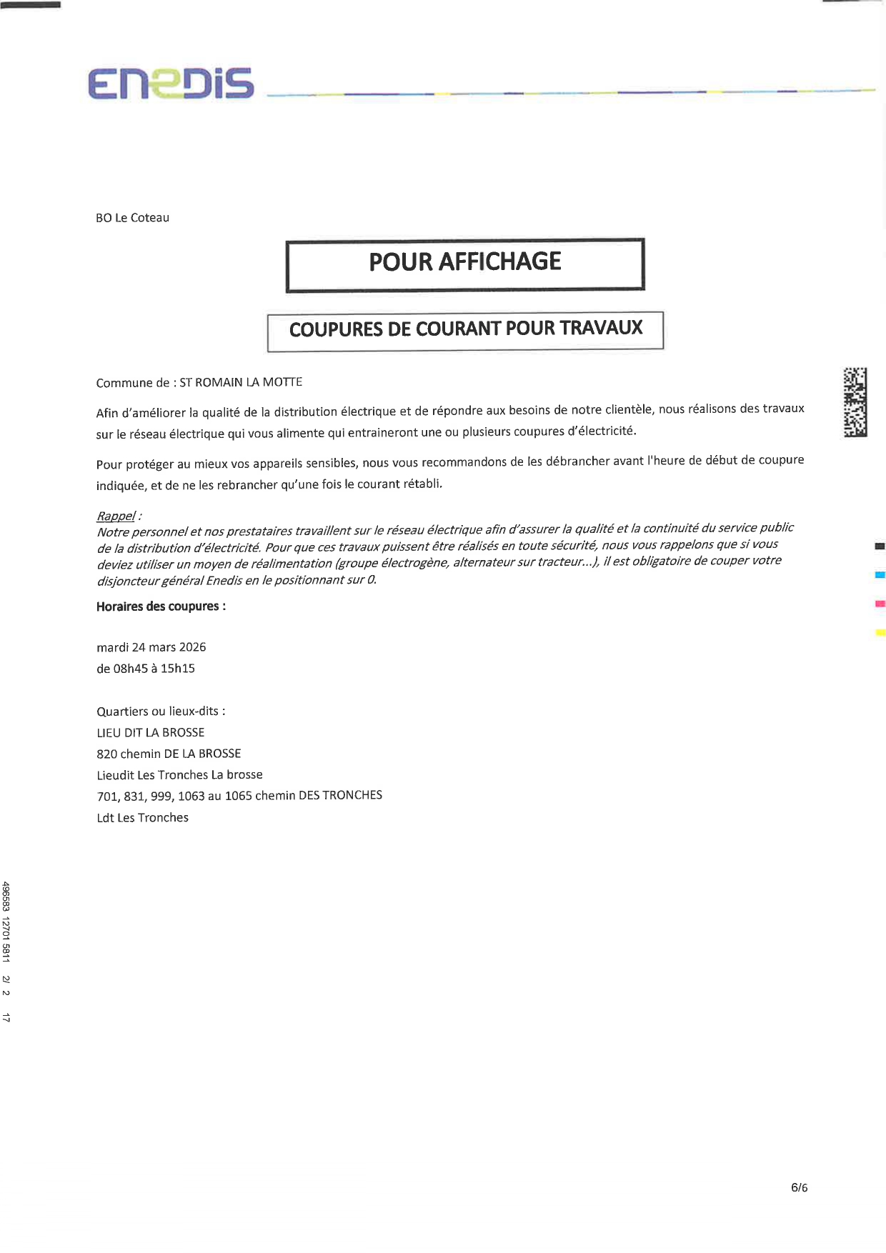 Coupure de courant pour travaux Vendredi 3 juillet de 8h30 à 14h30
