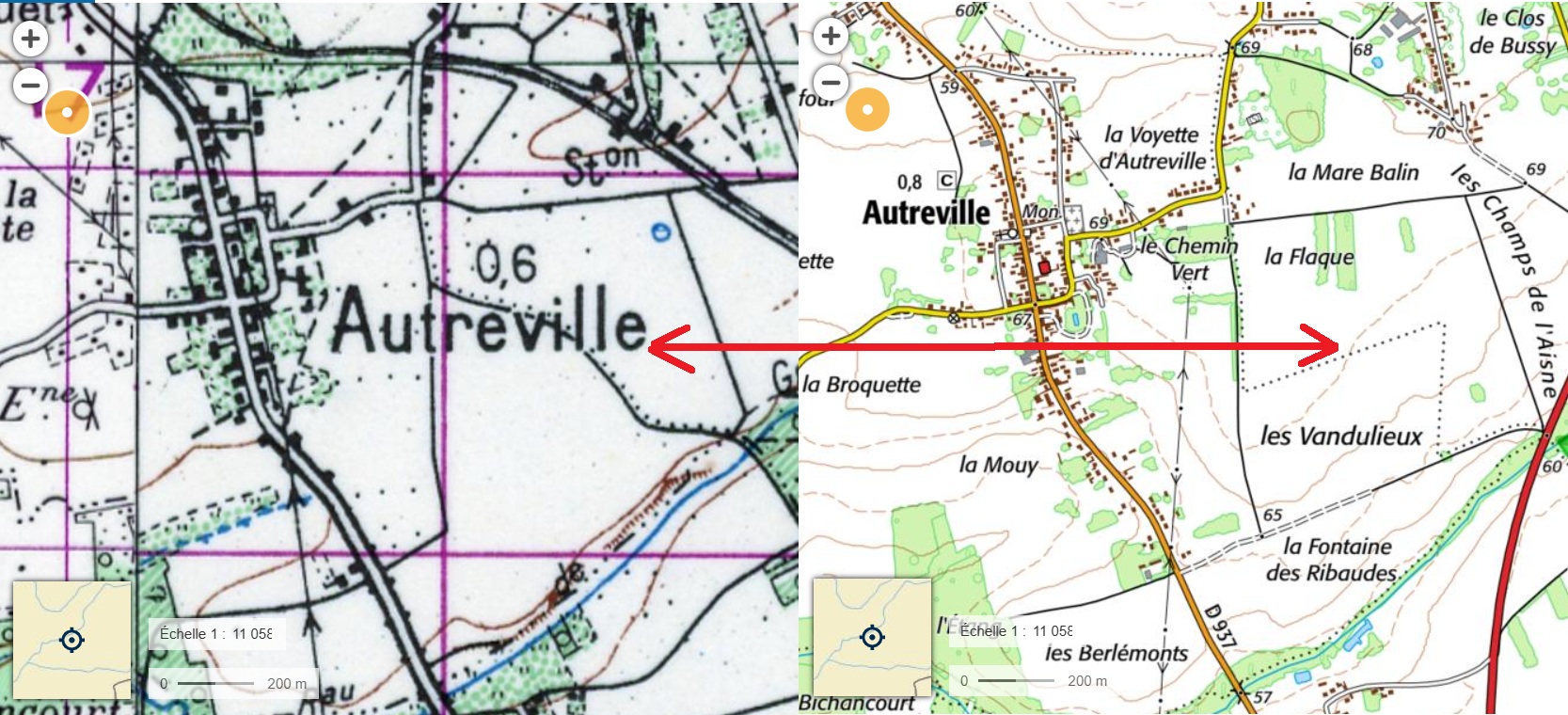 _5_ Comparaison entre une carte de 1950 et actuelle. Le Chemin de la Fontaine des Ribaudes a disparu, et la limite entre Sinceny et Autreville a.jpg
