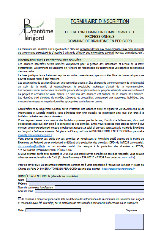 Lettre d'info aux commerçants et professionnels