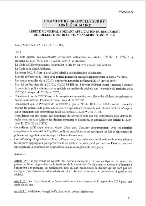 2025-09-ARRETE 2025-A12 - Page 1-Arrêté municipal portant application_ du règlement de collecte des déchets ménagers et _assimilés.jpg