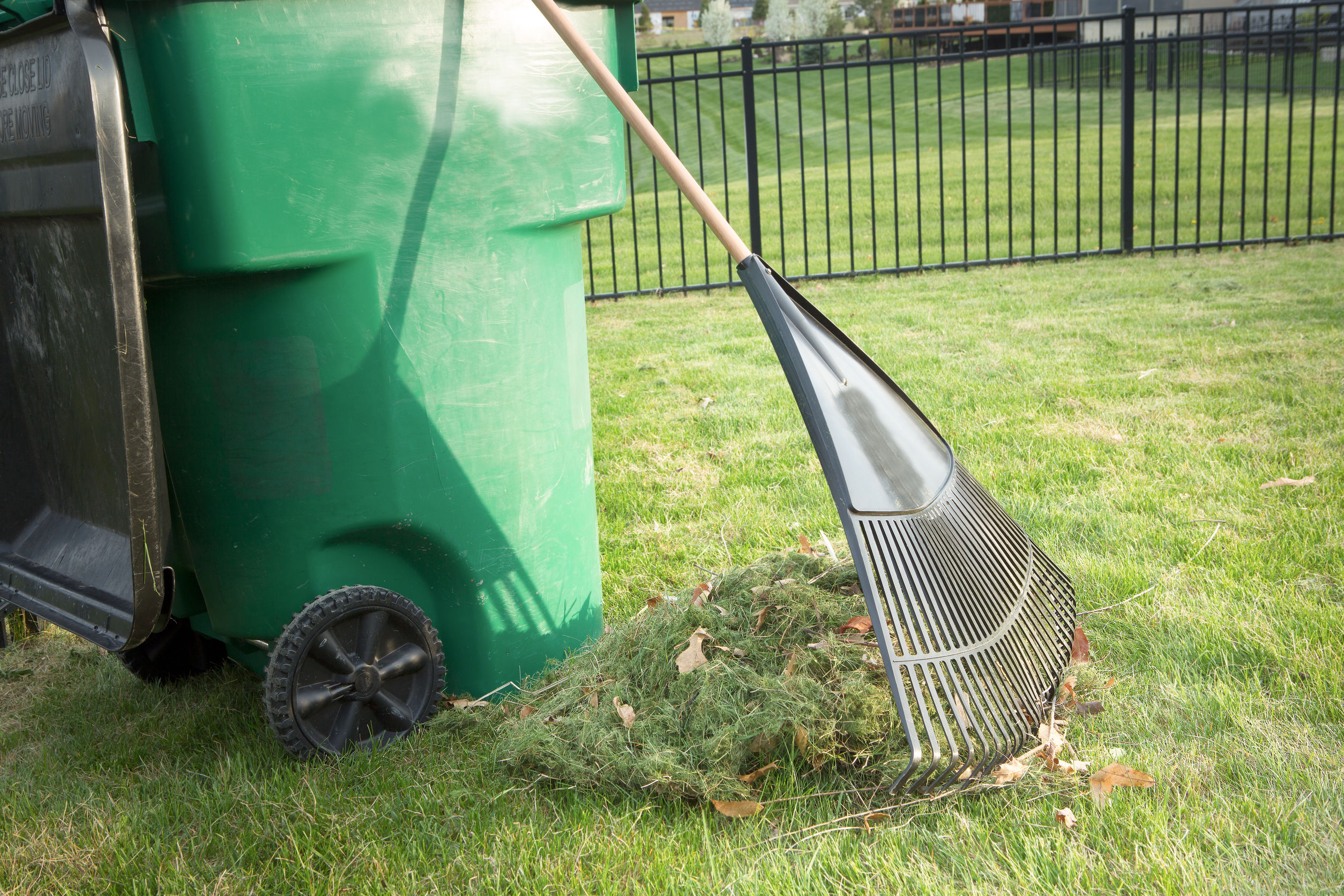 Yard cleaning. Мусорные баки для скошенной травы. Сгребают скошенную траву. Очистка газона от листьев. Yard debris removal.