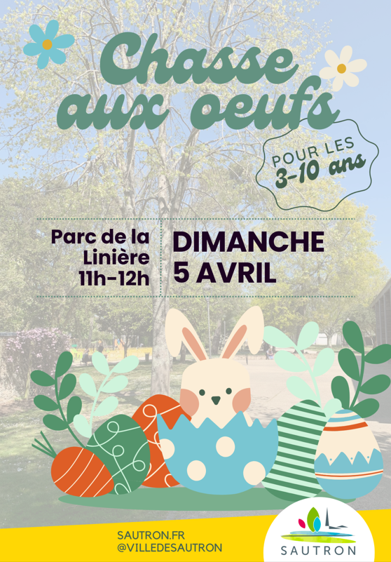 affiche annonçant la date de la chasse aux oeufs dans le parc de la Linière avec des dessins de lapins et d'oeufs