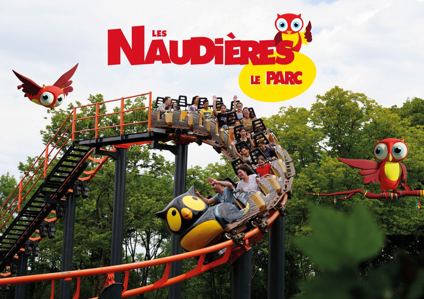 illustration du parc d'attractions des Naudières avec personnes sur les manège 