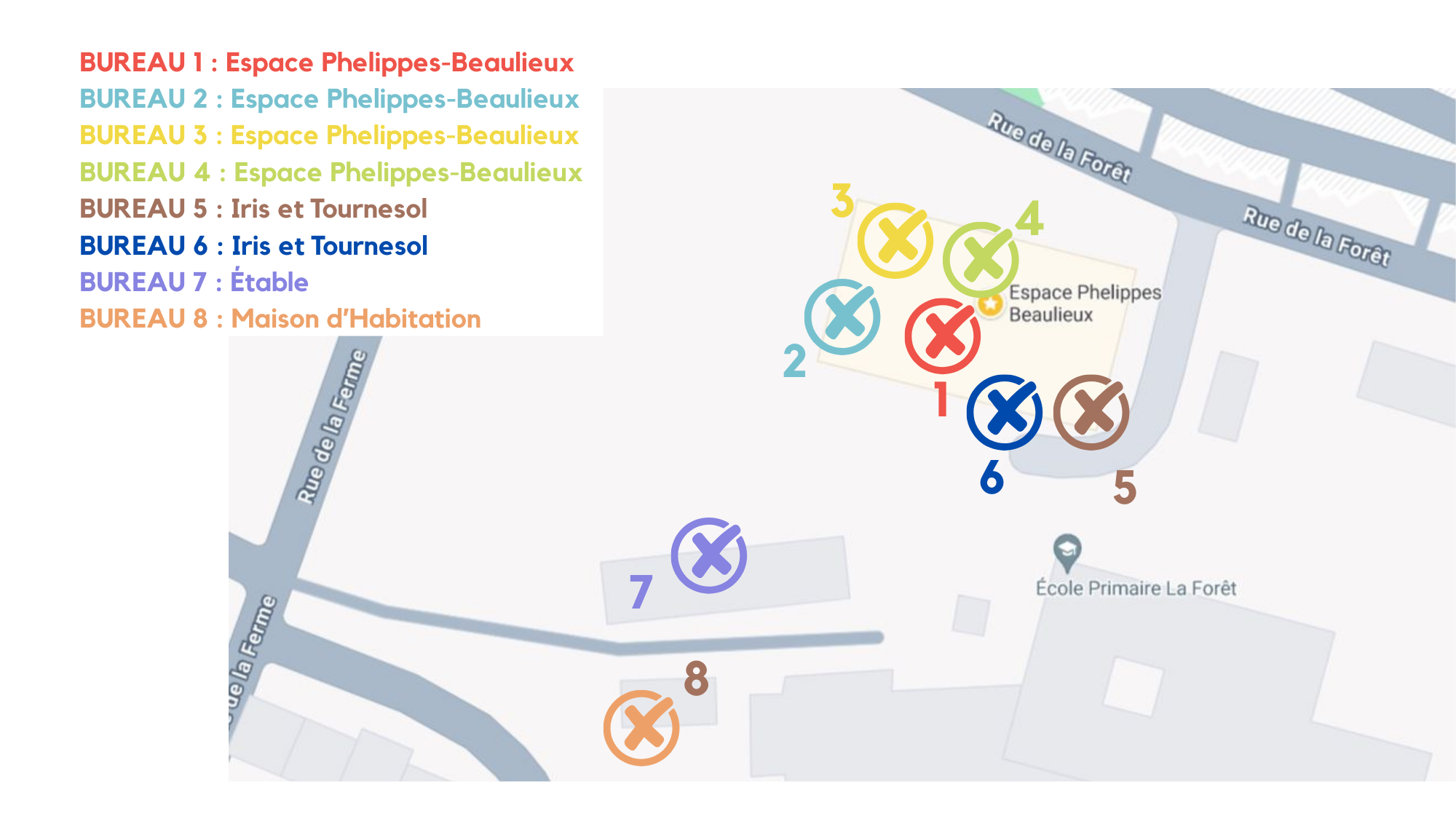 carte présentant les lieux des 8 bureaux de vote de Sautron, autour de l'Espace Phelippes-Beaulieux