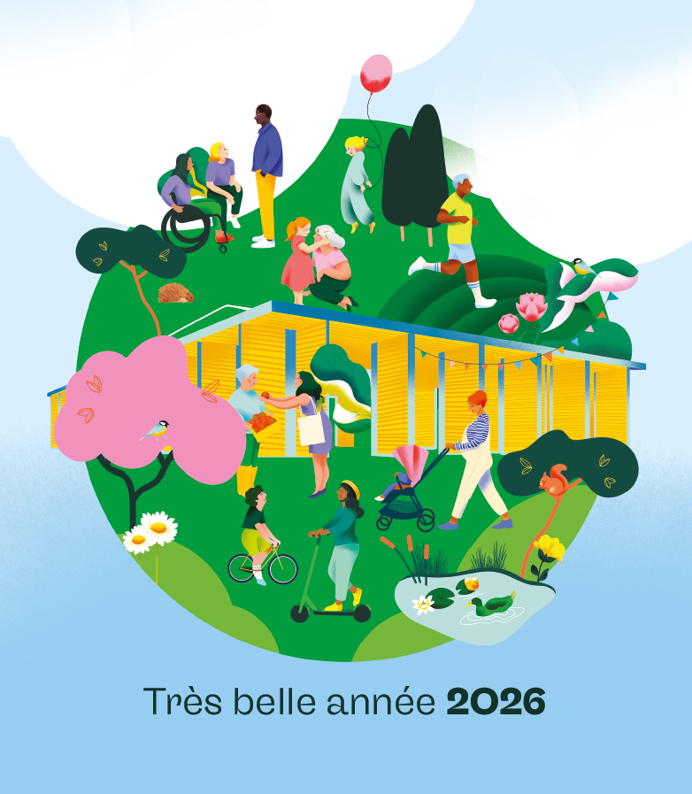 visuel des voeux 2026, représentant une sphère avec différents personnes de tous âges qui échangent entre elles