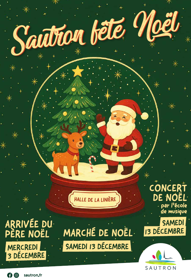 le père noël dans une boule à neige avec annonce des animations de Sautron fête Noël
