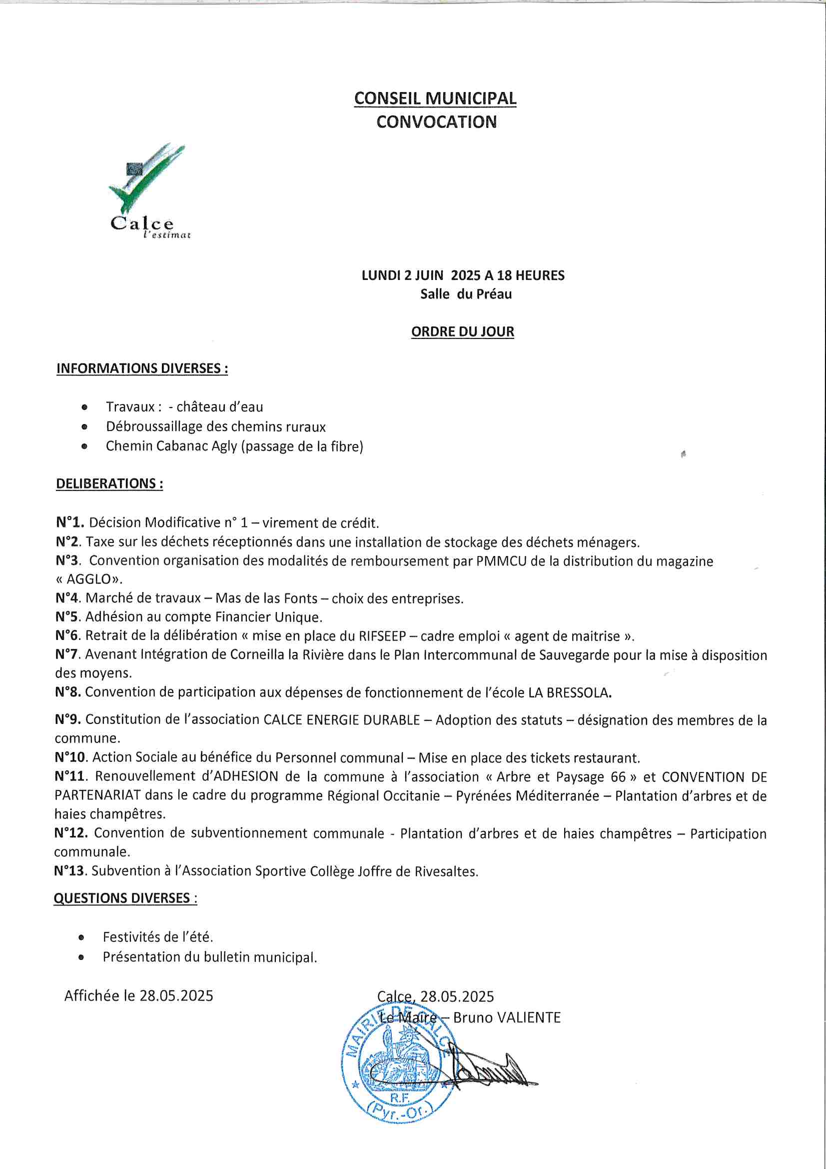 CONSEIL MUNICIPAL DU 02.06.2025 A 18 Heures - SALLE DU PREAU - Convocation et ORDRE DU JOUR