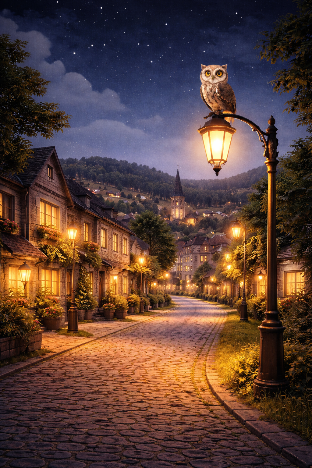 Hibou sur un lampadaire nocturne