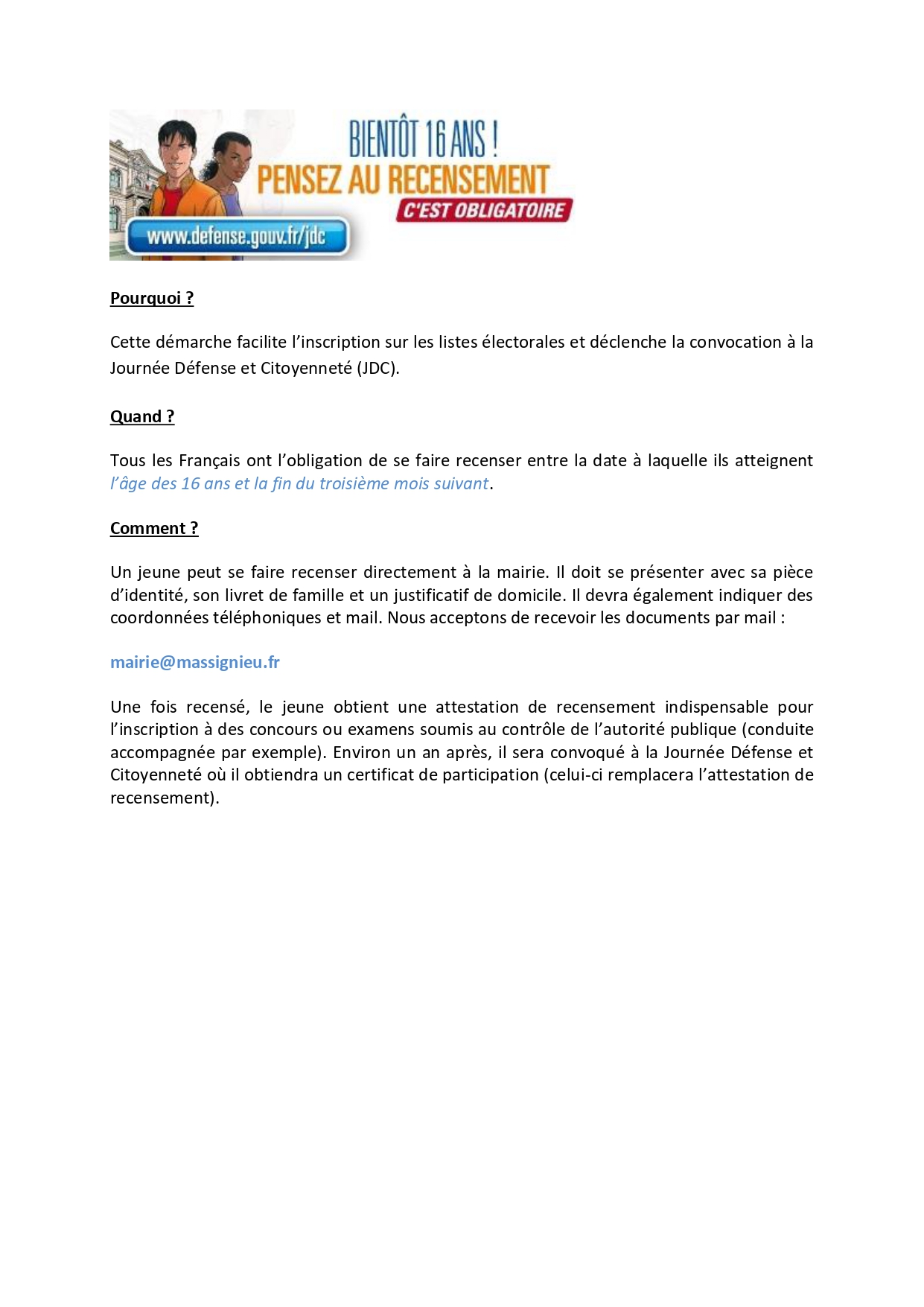 Recensement des jeunes de 16 ans