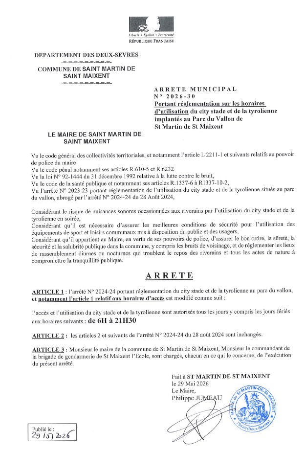Arrêté réglementant l'utilisation du city stade et de la tyrolienne