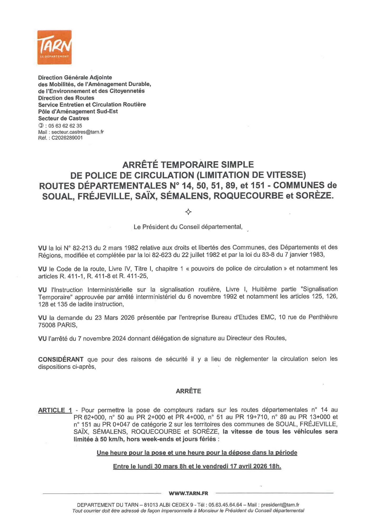 Arrêté départemental - Arrêté temporaire simple de police de circulation _limitation de vitesse_ RD N°50 - 25-03-26 _1-2_.jpg