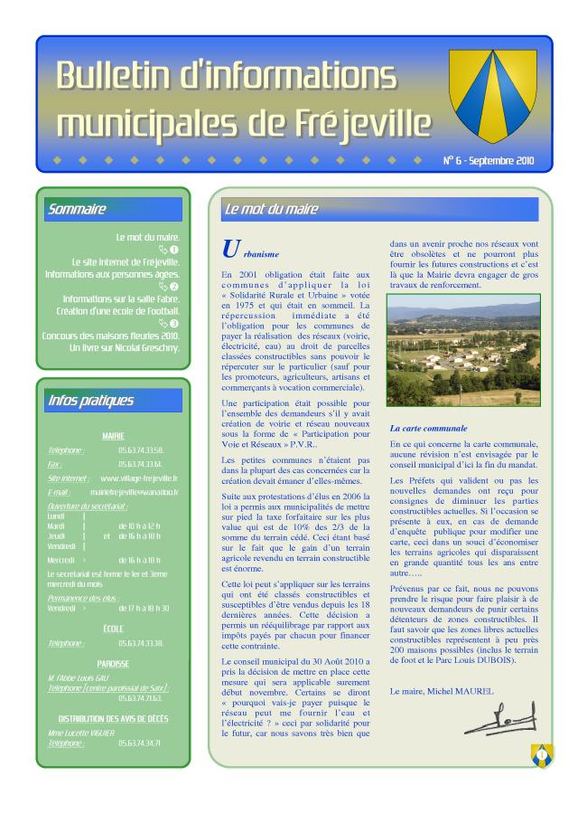 Bulletin municipal de la mairie de Fréjeville - N°6 (A3) - Septembre 2010