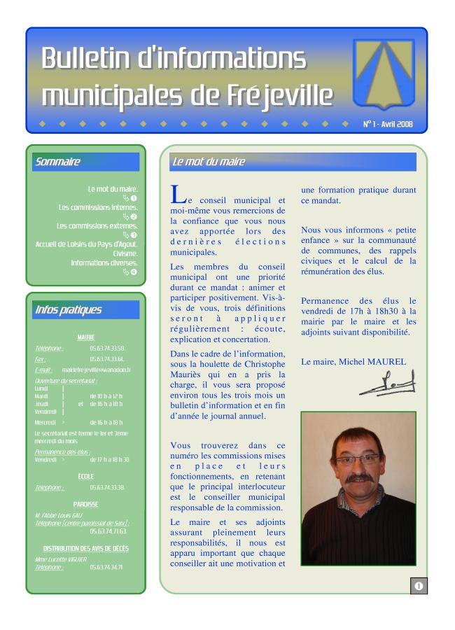 Bulletin municipal de la mairie de Fréjeville - N°1 (A3) - Avril 2008