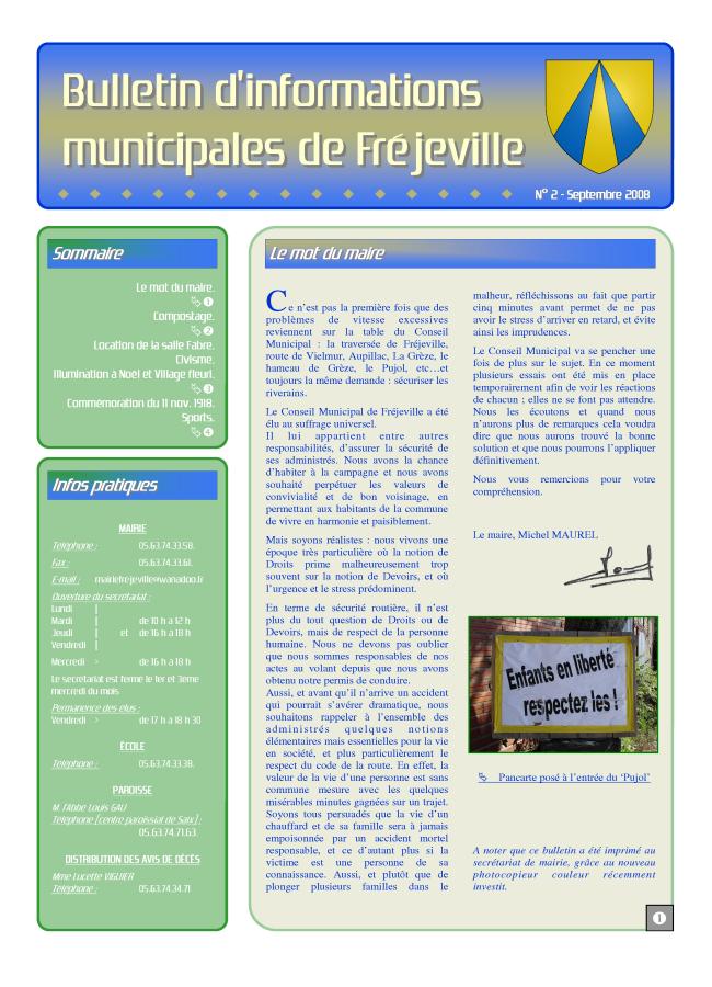 Bulletin municipal de la mairie de Fréjeville - N°2 (A3) - Septembre 2008
