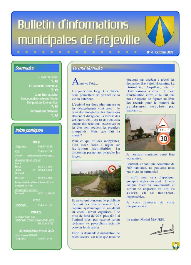 Bulletin municipal de la mairie de Fréjeville - N°4 (A3) - Octobre 2009