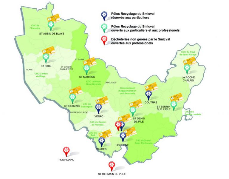 SMICVAL - Carte des poles de recyclage du territoire