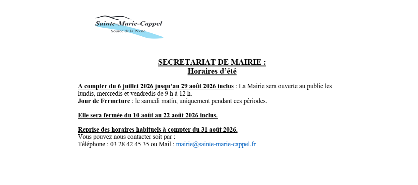 HORAIRE D'ETE 2026