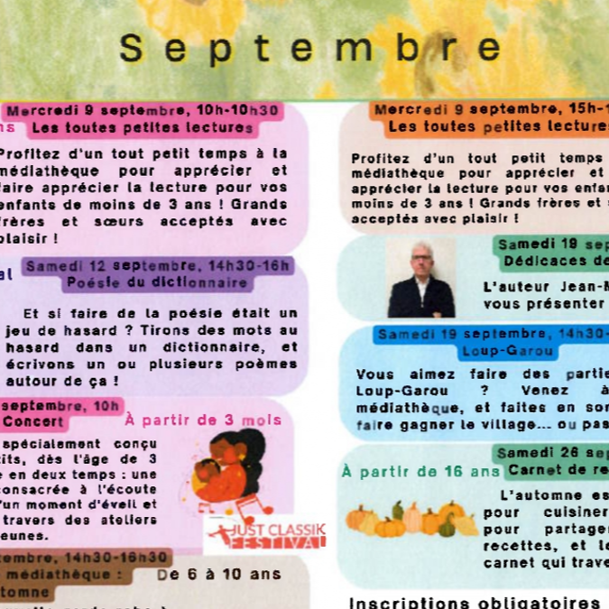 Animations et calendrier de septembre à la Médiathèque