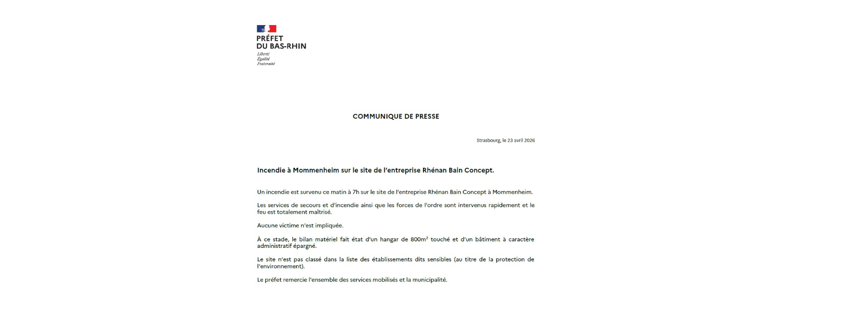 INCENDIE À MOMMENHEIM Communiqué Préfet du Bas-Rhin