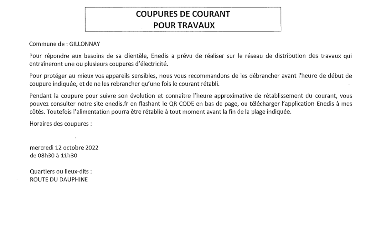 COUPURES DE COURANT POUR TRAVAUX