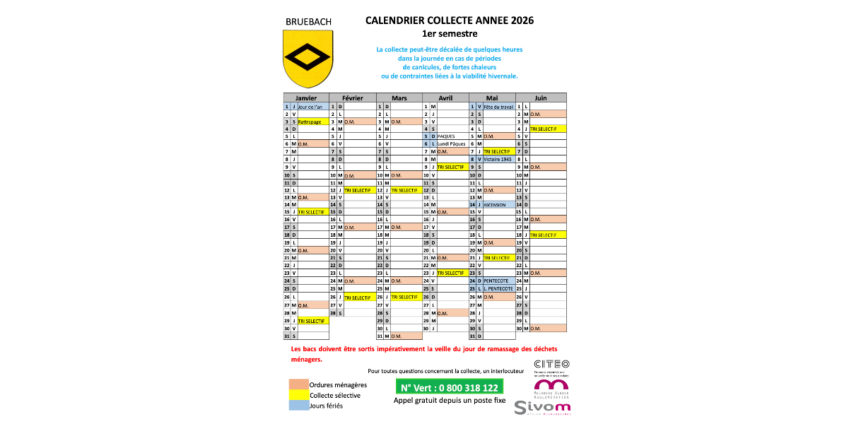 Calendrier 2026 de collecte des déchets
