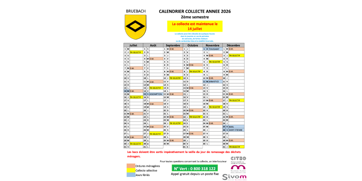 Calendrier 2026 de collecte des déchets