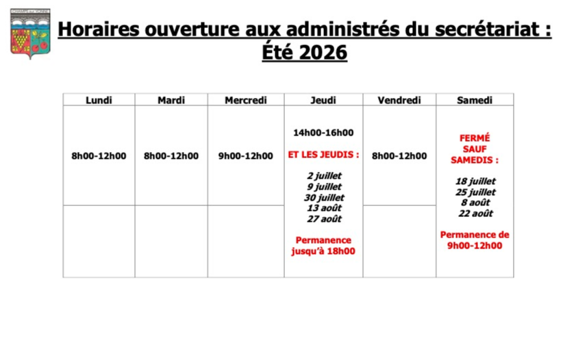 HORAIRES D'ÉTÉ SECRÉTARIAT DE MAIRIE
