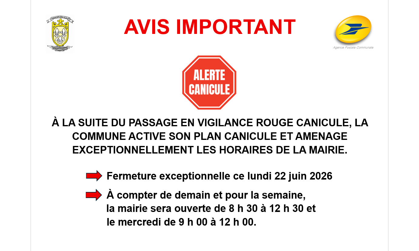 Alerte canicule - aménagement des horaires de la mairie et de l'APC