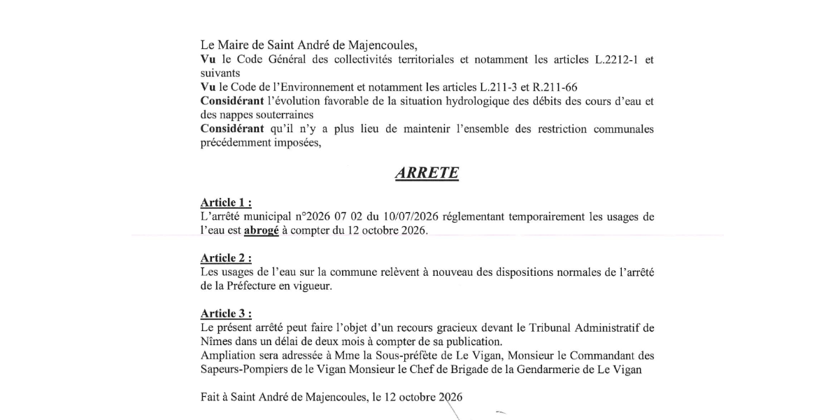 Arrêté de levée de restriction d'eau