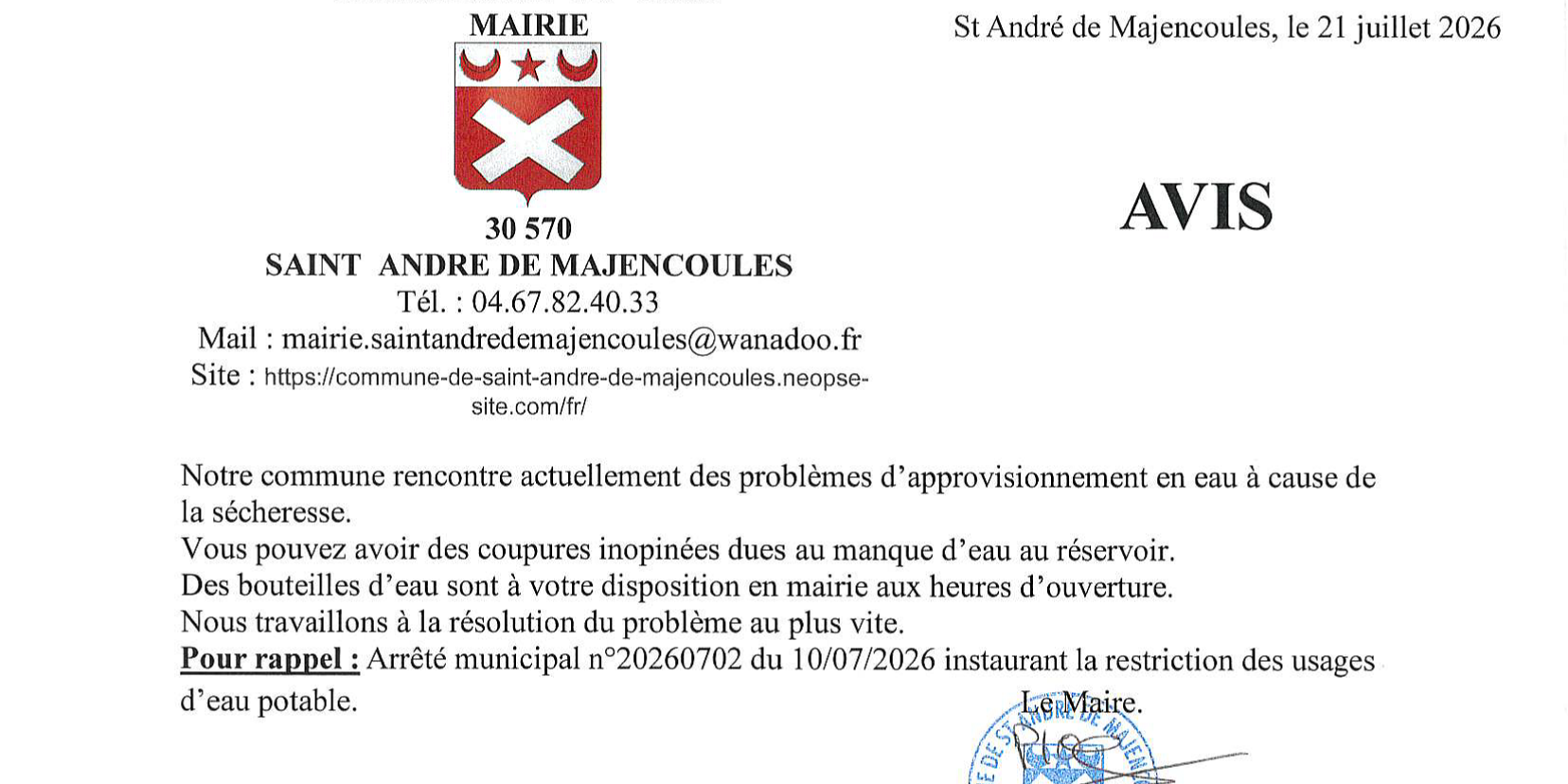 Information manque eau