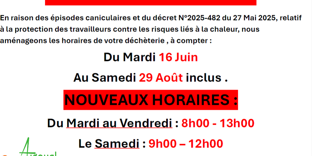 Changement horaires déchèterie